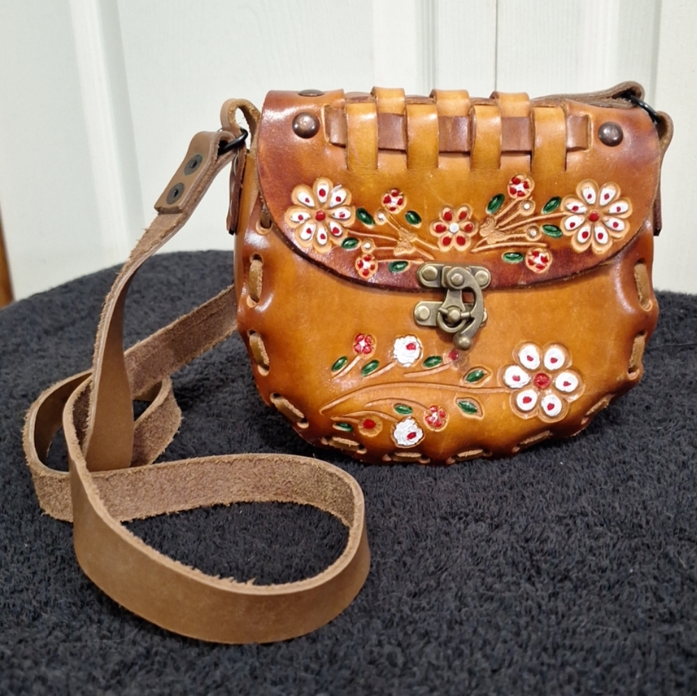 Handmade Mexico Leather Floral Tooled Woven Handpainted Crossbody Bag-Brown